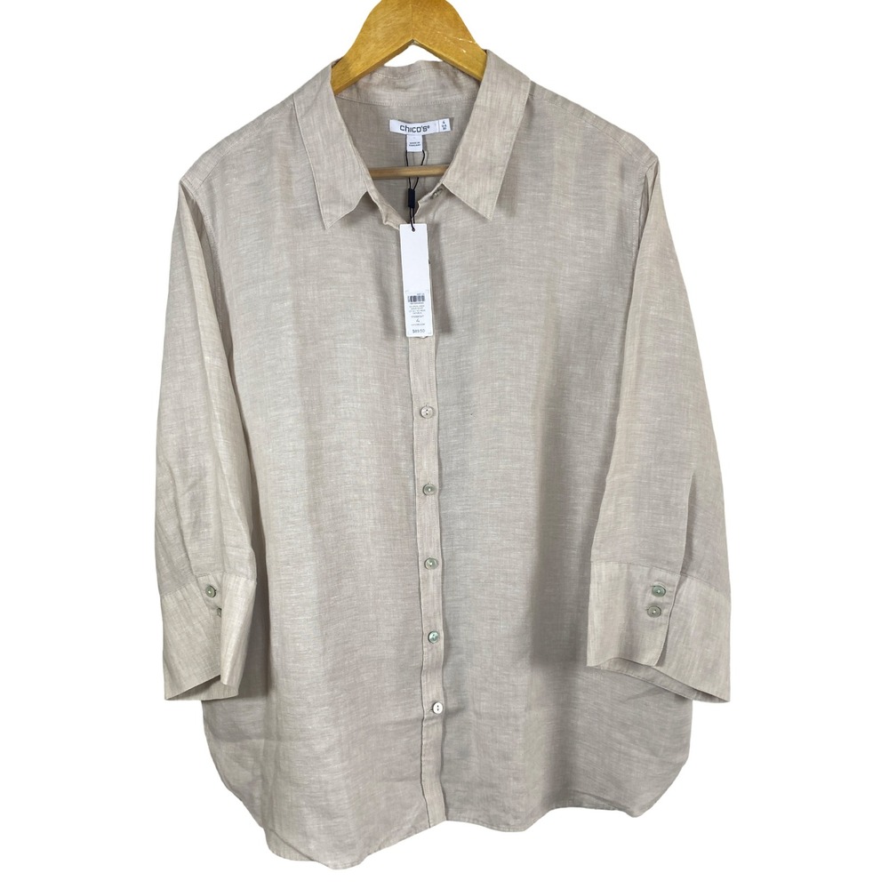 Chicos No Iron Linen Solid Shirt 3/4 Sleeve Oatmeal Beige Button Down Size 4 XL